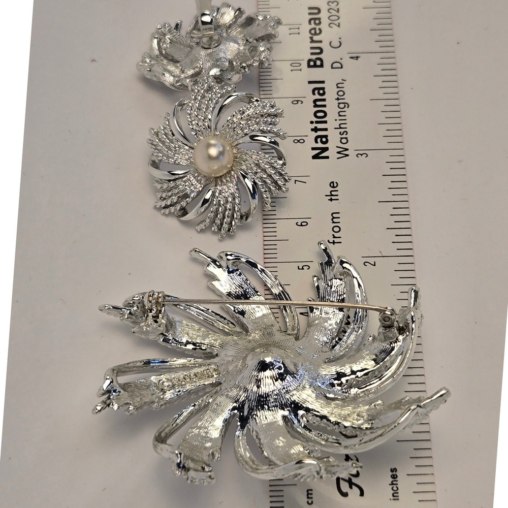 Silver earrings, matching pin with pearl accents